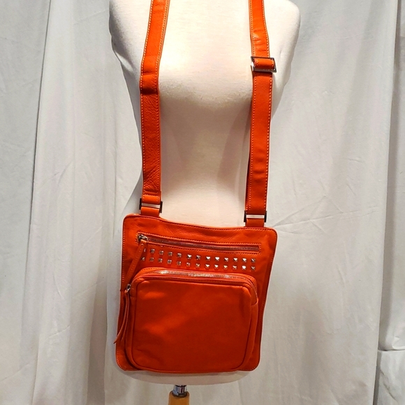 Genuine orange leather crossbody purse w silver colorr accessory. - Picture 1 of 5